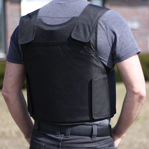 back view of a man wearing a bulletproof vest