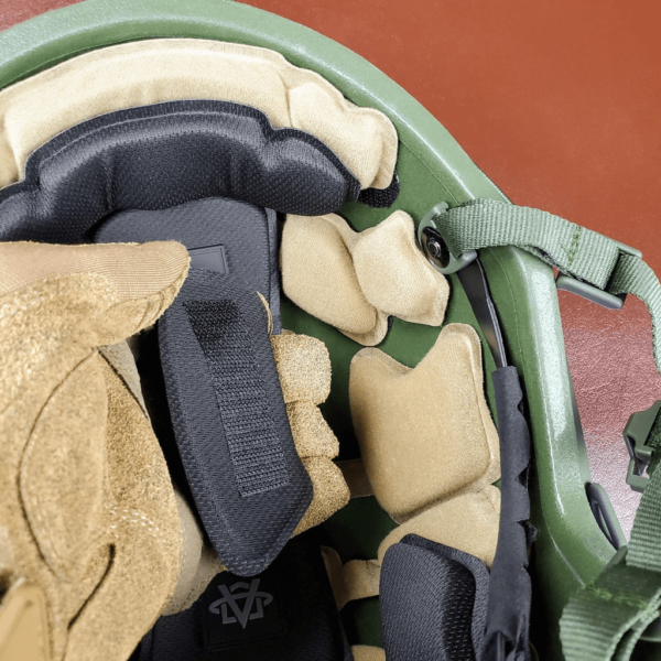 Green NIJ Level IIIA+ FAST Style High Cut Ballistic Helmet inside strap view