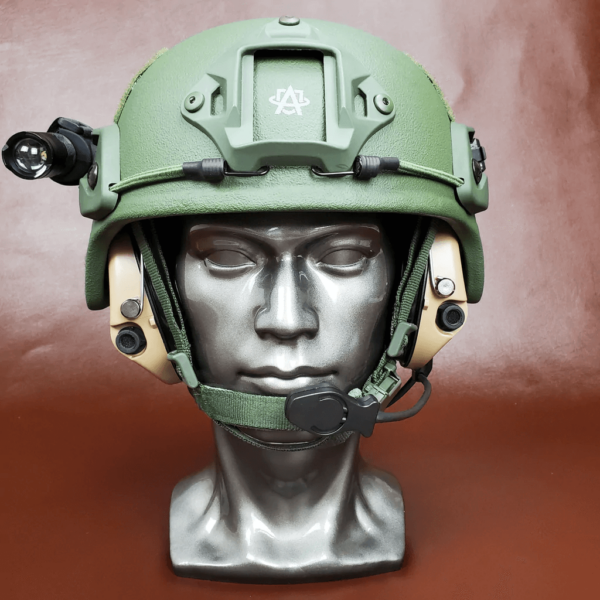 Green NIJ Level IIIA+ MICH/ACH Ballistic Helmet on a head mannequin