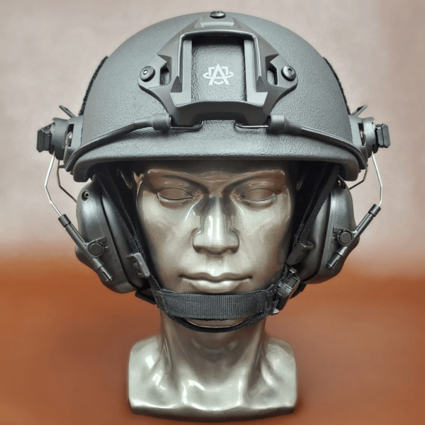 Black NIJ Level IIIA+ FAST Style High Cut Ballistic Helmet front view on a head mannequin