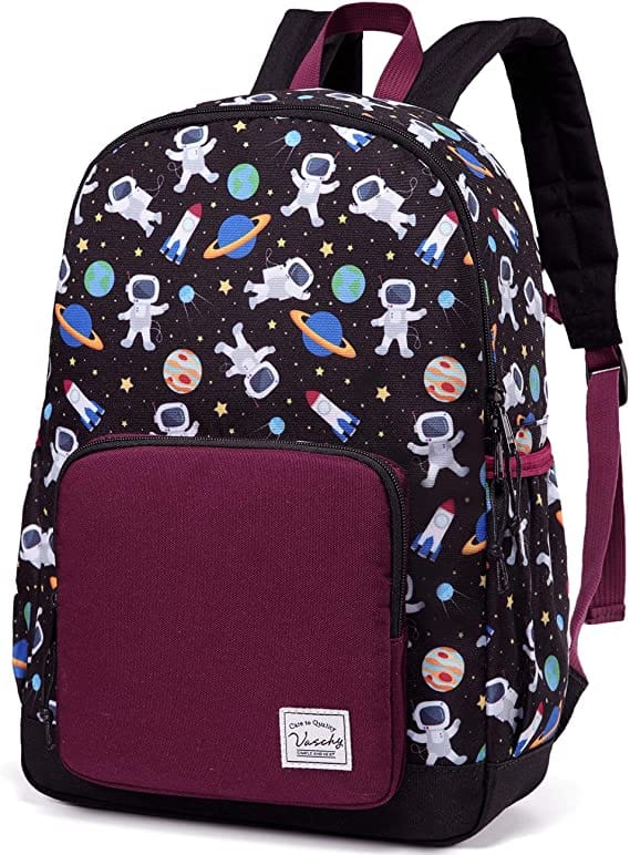 Maroon Bulletproof Backpack for Kids with space astronauts and rockets pattern