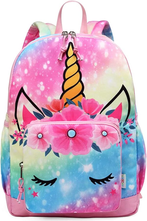 Rainbow colored Bulletproof Backpack for Kids with sparkly unicorn illustration