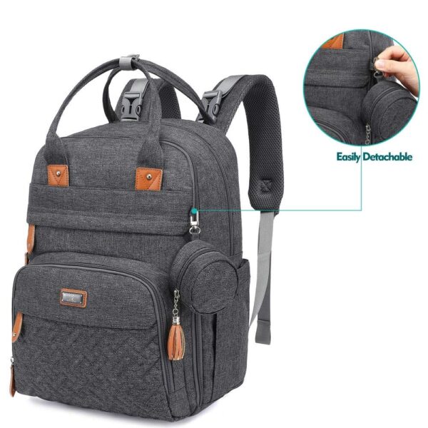 Dark gray Bulletproof Diaper Bag Backpack front view showing detachable pacifier case