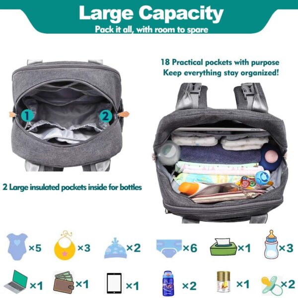 Dark gray Bulletproof Diaper Bag Backpack showing large capacity and what fits inside
