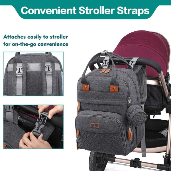 Dark gray Bulletproof Diaper Bag Backpack showing convenient stroller straps