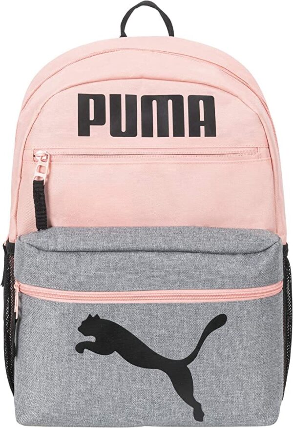 Pink and gray Bulletproof PUMA Kids' Meridian Backpack front view