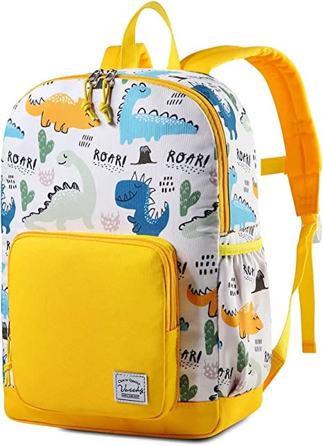 White and yellow Bulletproof Backpack for Kids with cute dinosaur illustration pattern