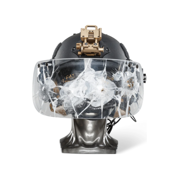 Black NIJ IIIA+ Face Shield Bulletproof Helmet Visor for PASGT, MICH, FAST, ACH Ballistic Helmets with gunshots on a head mannequin