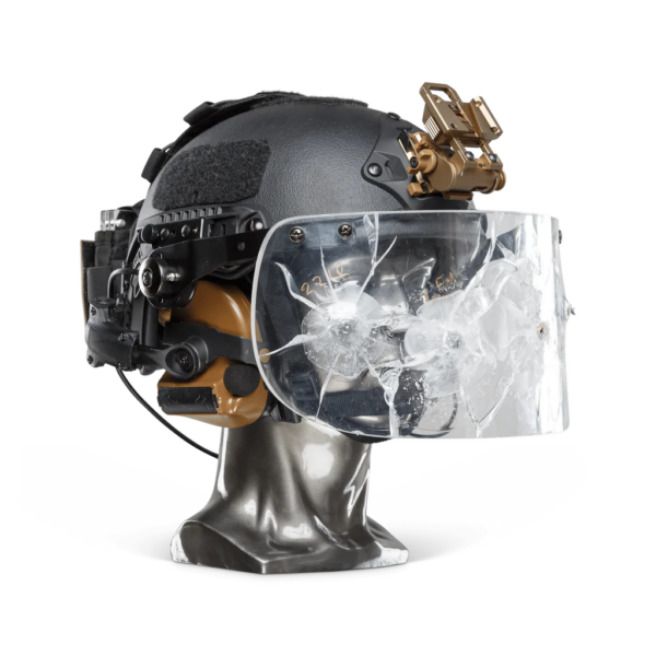 Black NIJ Level IIIA+ Ballistic Helmet with Bulletproof Visor side view on a head mannequin with visor cracks