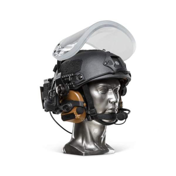 Black NIJ Level IIIA+ Ballistic Helmet with Bulletproof Visor side view on a head mannequin with the visor open