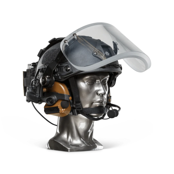 Black NIJ Level IIIA+ Ballistic Helmet with Bulletproof Visor side view on a head mannequin in with the visor half open