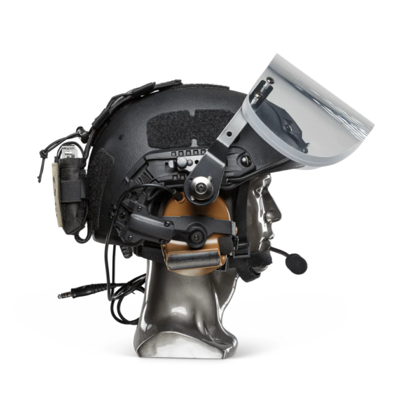 Black NIJ IIIA+ Face Shield Bulletproof Helmet Visor for PASGT, MICH, FAST, ACH Ballistic Helmets side view on a head mannequin