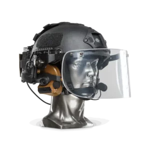 Black NIJ Level IIIA+ Ballistic Helmet with Bulletproof Visor side view on a head mannequin