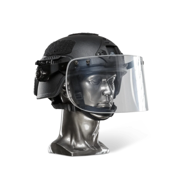 Black NIJ Level IIIA+ Ballistic Helmet with Bulletproof Visor side view on a head mannequin