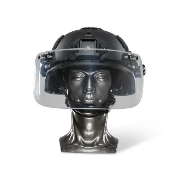 Black NIJ Level IIIA+ Ballistic Helmet with Bulletproof Visor front view on a head mannequin
