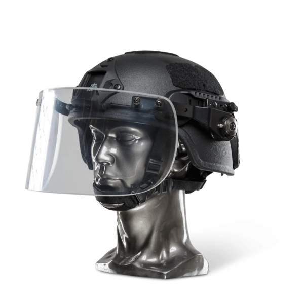 Black NIJ IIIA+ Face Shield Bulletproof Helmet Visor for PASGT, MICH, FAST, ACH Ballistic Helmets side view on a head mannequin