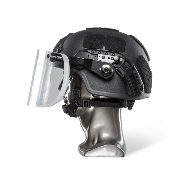 Black NIJ Level IIIA+ Ballistic Helmet with Bulletproof Visor side view on a head mannequin