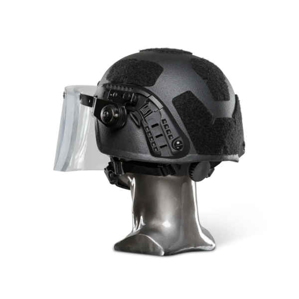 Black NIJ IIIA+ Face Shield Bulletproof Helmet Visor for PASGT, MICH, FAST, ACH Ballistic Helmets back view on a head mannequin