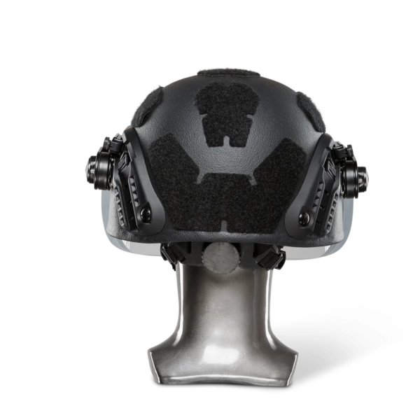 Black NIJ Level IIIA+ Ballistic Helmet with Bulletproof Visor back view on a head mannequin