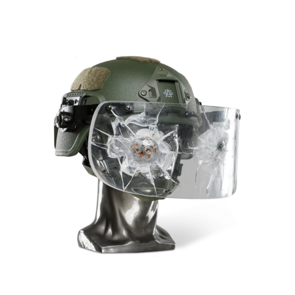 Black NIJ IIIA+ Face Shield Bulletproof Helmet Visor for PASGT, MICH, FAST, ACH Ballistic Helmets with gunshots side view on a head mannequin