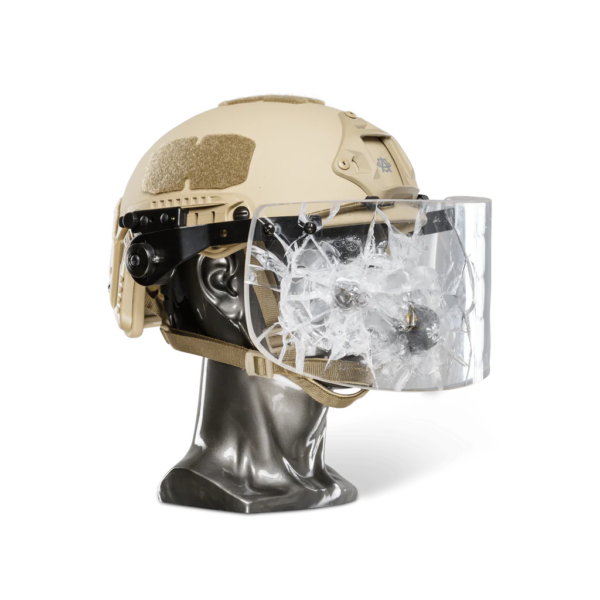 Khaki NIJ Level IIIA+ Ballistic Helmet with Bulletproof Visor side view on a head mannequin with cracks