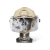 Tan NIJ IIIA+ Face Shield Bulletproof Helmet Visor for PASGT, MICH, FAST, ACH Ballistic Helmets with gunshots front view on a head mannequin