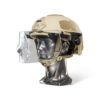 Tan NIJ IIIA+ Face Shield Bulletproof Helmet Visor for PASGT, MICH, FAST, ACH Ballistic Helmets with gunshots side view on a head mannequin