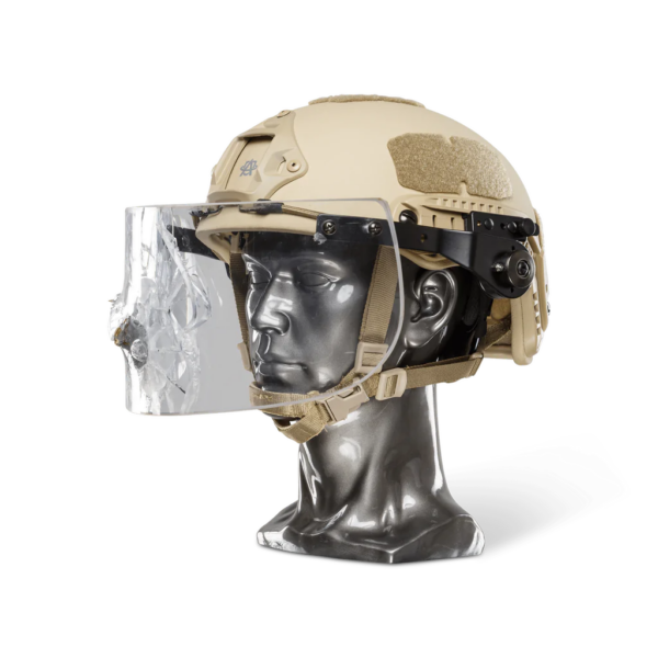 Tan NIJ IIIA+ Face Shield Bulletproof Helmet Visor for PASGT, MICH, FAST, ACH Ballistic Helmets with gunshots side view on a head mannequin