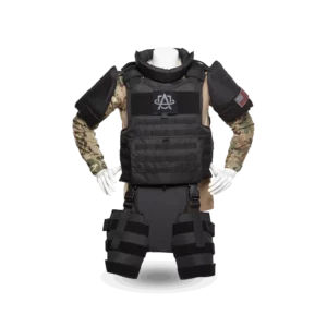 Khaki and black Raid Boss Special Full Body Armor Suit with Chest, Shoulder, Leg, Groin, and Neck Armor front view on a mannequin