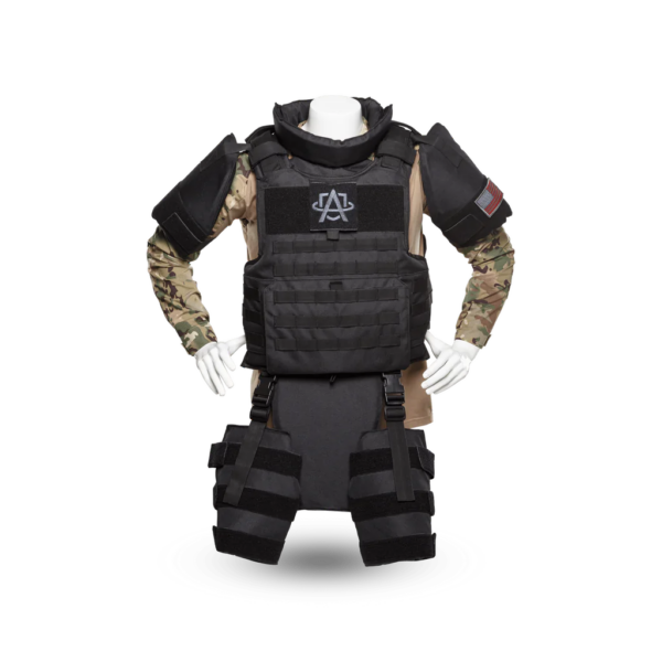 Khaki and black Raid Boss Special Full Body Armor Suit with Chest, Shoulder, Leg, Groin, and Neck Armor front view on a mannequin