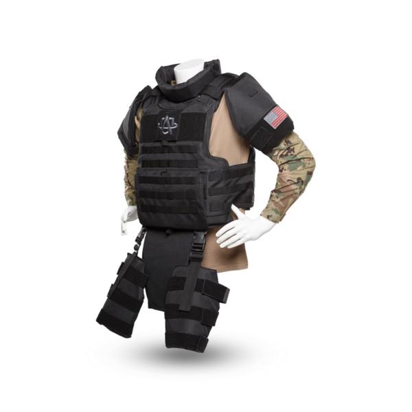 Khaki and black Raid Boss Special Full Body Armor Suit with Chest, Shoulder, Leg, Groin, and Neck Armor side view on a mannequin