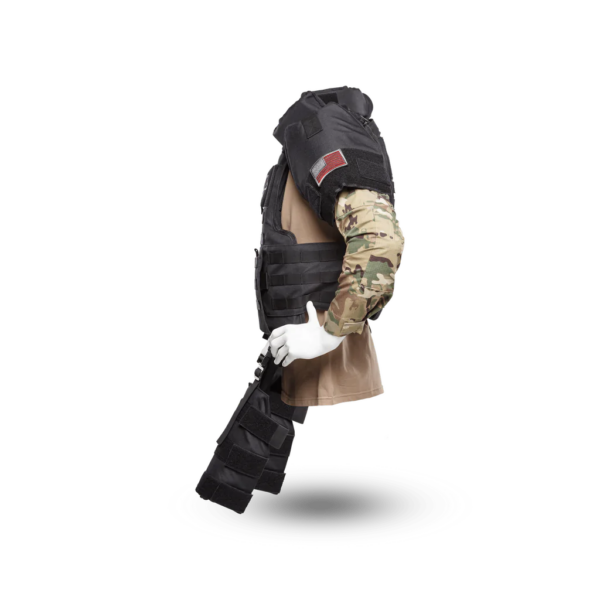 Khaki and black Raid Boss Special Full Body Armor Suit with Chest, Shoulder, Leg, Groin, and Neck Armor side view on a mannequin
