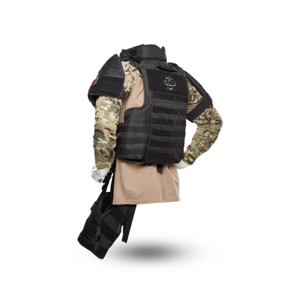 Khaki and black Raid Boss Special Full Body Armor Suit with Chest, Shoulder, Leg, Groin, and Neck Armor back side view on a mannequin