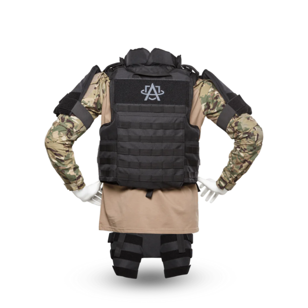 Khaki and black Raid Boss Special Full Body Armor Suit with Chest, Shoulder, Leg, Groin, and Neck Armo back view on a mannequin