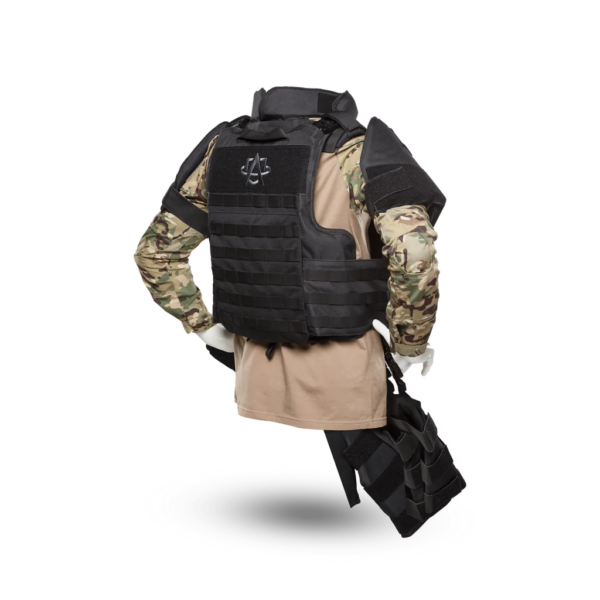 Khaki and black Raid Boss Special Full Body Armor Suit with Chest, Shoulder, Leg, Groin, and Neck Armor back side view on a mannequin