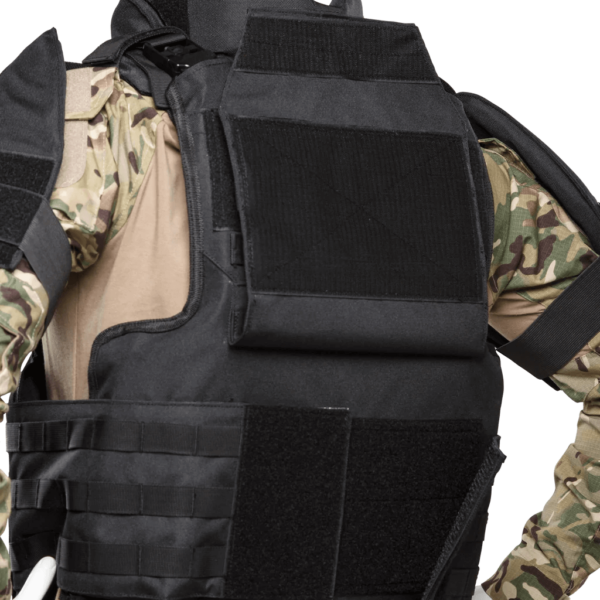 Khaki and black Raid Boss Special Full Body Armor Suit with Chest, Shoulder, Leg, Groin, and Neck Armor back close up view on a mannequin