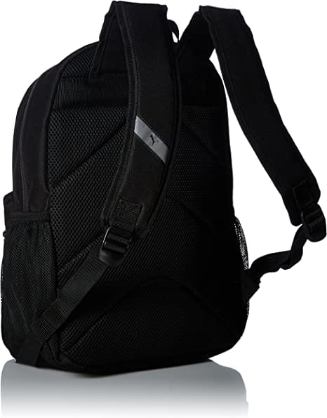 Black Bulletproof PUMA Kids' Meridian Backpack side view showing back cushion and shoulder straps