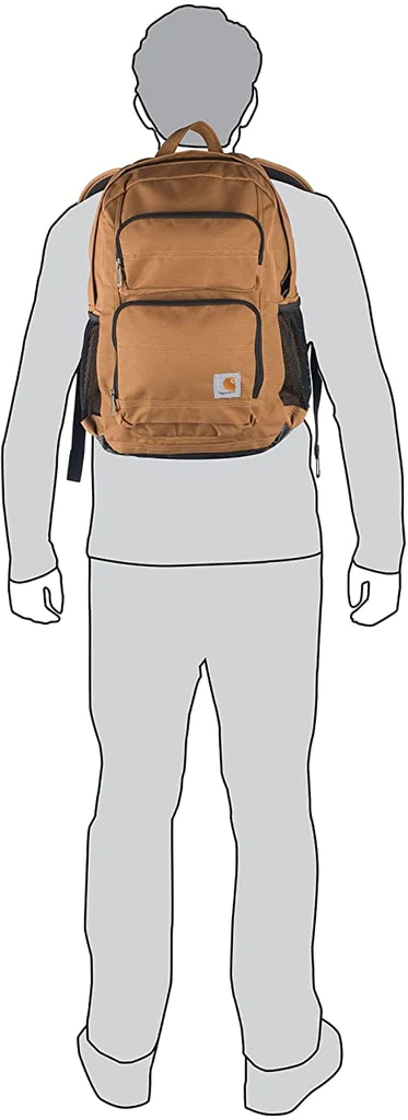 Khaki Bulletproof Carhartt Legacy Standard Work Backpack with illustration on how it fits a person