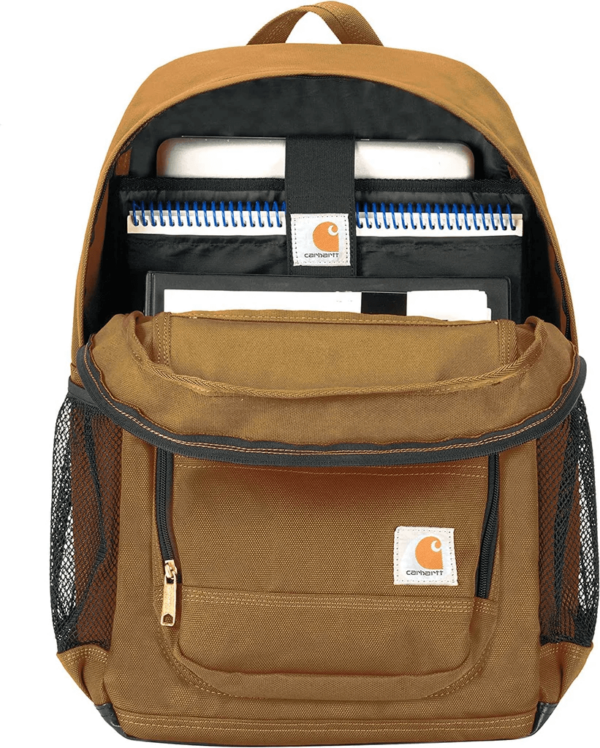Khaki Bulletproof Carhartt Legacy Standard Work Backpack front view showing half inside