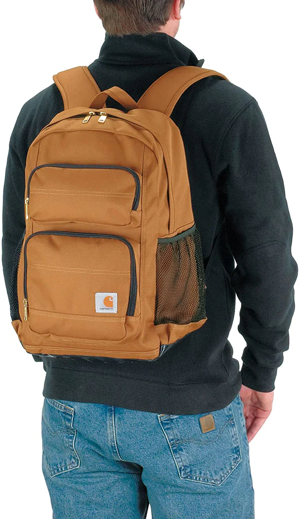 Man wearing Khaki Bulletproof Carhartt Legacy Standard Work Backpack back view