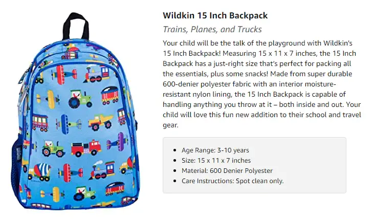 Wildkin Pack N Snack Backpack Olive Kids Trains Planes Trucks