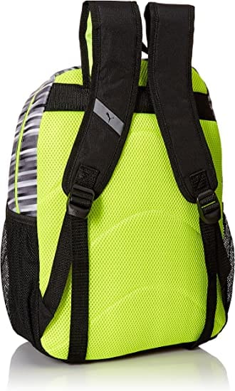 Gray and neon yellow green Bulletproof PUMA Kids' Meridian Backpack side view showing back cushion and shoulder straps