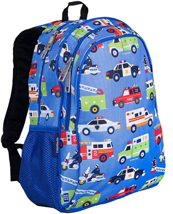 Blue Children's Bulletproof Backpack for School with police fire truck and ambulance cars pattern