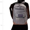 Girl wearing Grey letterman poly JanSport Bulletproof Backpack back fit illustration