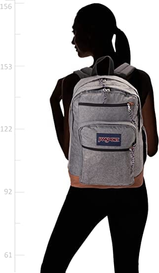 Girl wearing Grey letterman poly JanSport Bulletproof Backpack back fit illustration