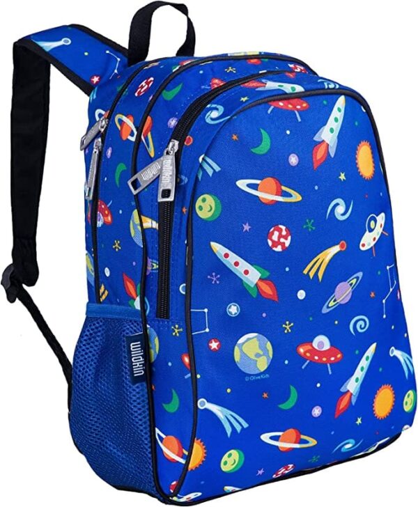 Blue Children's Bulletproof Backpack for School with space rocket and planets pattern