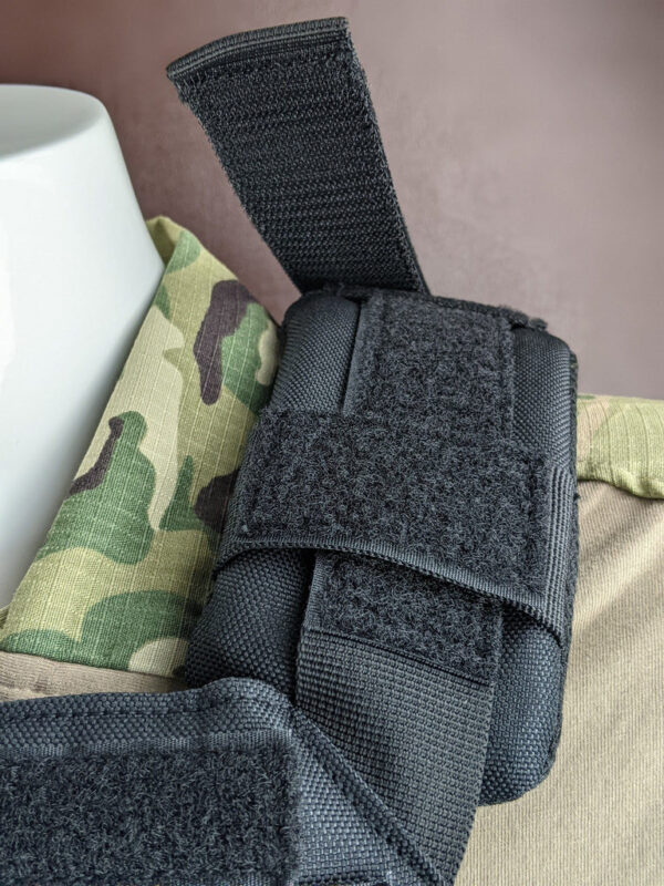 Black Armor Plate Carrier Vest with Level 3A, 3, or 4 Armor Plates shoulder strap on a mannequin