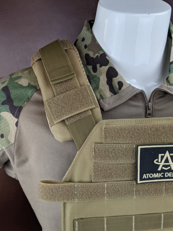 Khaki shoulder strap of Level 3A Armor Plate Carrier Vest 3, or 4 Armor Plates on a mannequin