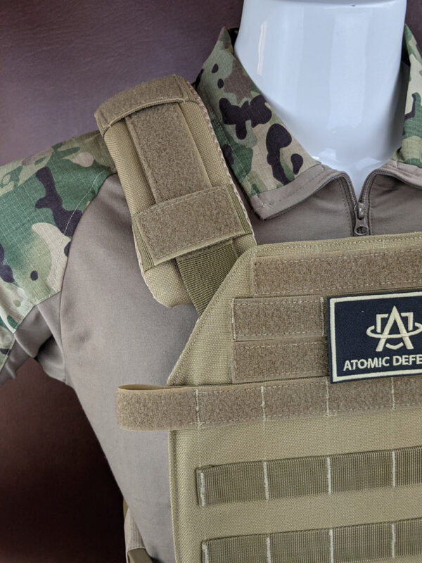 Khaki Armor Plate Carrier Vest with Level 3A, 3, or 4 Armor Plates close up view on a mannequin