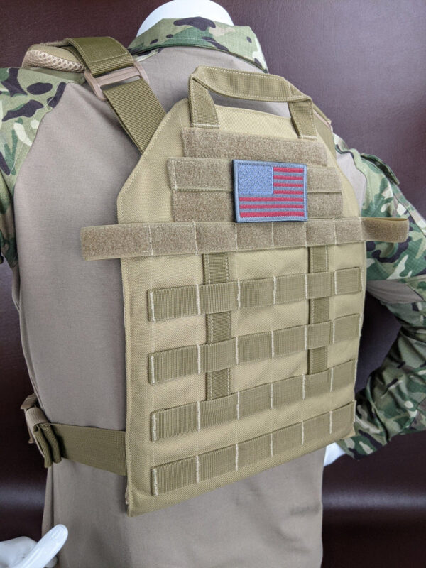 Khaki Level 3A Armor Plate Carrier Vest 3, or 4 Armor Plates back view with American Flag on a mannequin